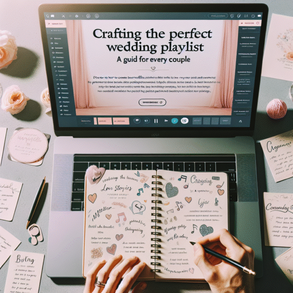 A vibrant and festive wedding dance floor with colorful lighting, showing an array of musical instruments like a DJ turntable and guitar, surrounded by decorations and florals.