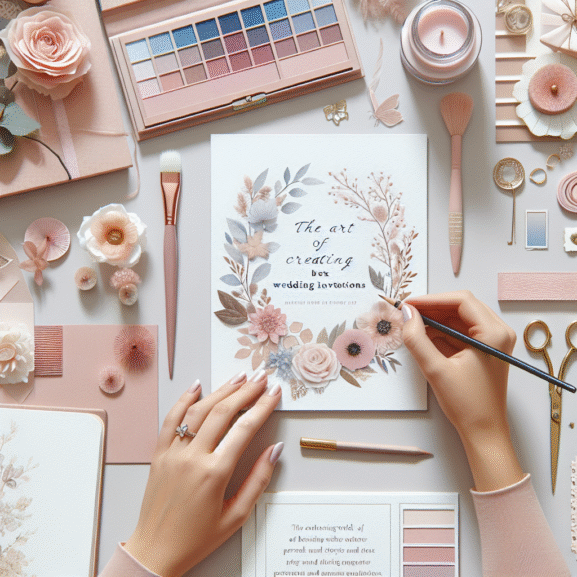 A beautifully intricate wedding invitation on textured paper, surrounded by delicate floral details and soft lighting, set against a rustic wooden table.