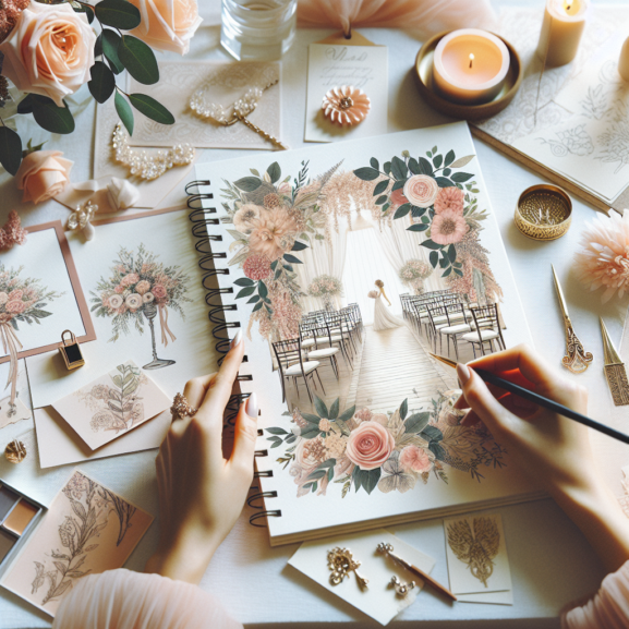 A serene and elegantly decorated wedding venue filled with soft, ambient lighting, lush floral arrangements, and intricately set tables surrounded by natural elements.