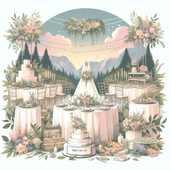 A picturesque outdoor wedding setup in a garden, with elegant floral arrangements, string lights hanging above, and beautifully set tables under a canopy of trees, capturing a magical evening atmosphere.