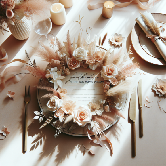 A beautifully decorated wedding venue with elegant floral arrangements, soft ambient lighting, and a romantic outdoor setting, featuring a harmonious blend of colors and natural elements.