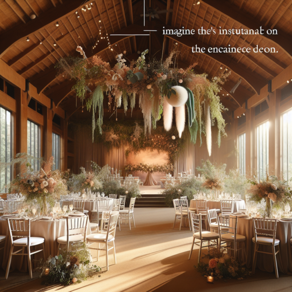 A rustic, natural-themed wedding setup featuring wooden tables and chairs, adorned with locally-sourced flowers and lush green foliage under soft, ambient lighting, in a picturesque outdoor setting surrounded by trees and original wood structures.
