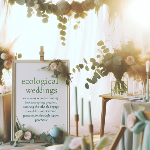 A serene wedding scene featuring eco-friendly decorations, lush greenery, and sustainable floral arrangements, with a nature-inspired venue backdrop.
